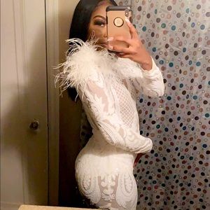 Elegant White Sequined Dress with Feathers
